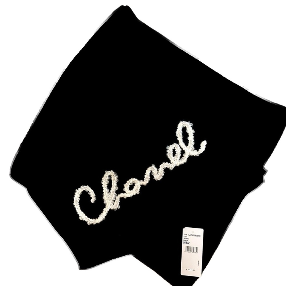 CHANEL NWT 100% Cashmere Black Stole Scarf. Hand Embroidered Pearl Logo